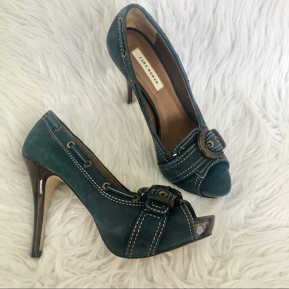 Zara navy leather platform heels, 38